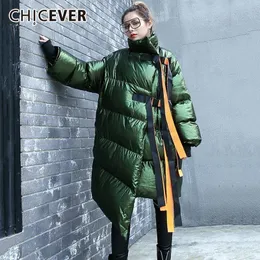 CHICEVER Ribbons Down Jacket For Women Winter Stand Collar Long Sleeve Zipper Irregular Jackets Female Coats Fashion Clothes 201027