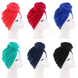 Ladies Top Knot Turban Headwrap Soild Color Doughnut Hijab Caps India Headband Muslim Hat African Women Bandanas Embellish