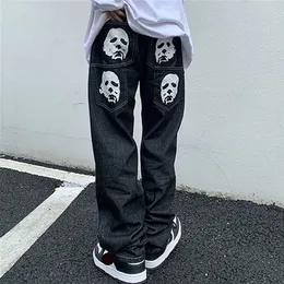 Emo Men Black Streetwear Hip Hop Skull Gothic Straight Wide Leg Cargo Pants Y2K Alt Harajuku Baggy Low Rise Jeans Clothes 220701