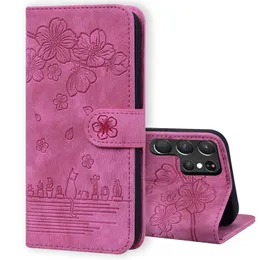 Samsung Galaxy S22 S21 Plus Ultra A71 A51 4G A53 A52 A33 A32 A22 A12 5G -SAKURA CAT PATTERN PUS LEATHER FLIP KICKSTANDカバーケース付きカードスロット付きのウォレット電話ケース