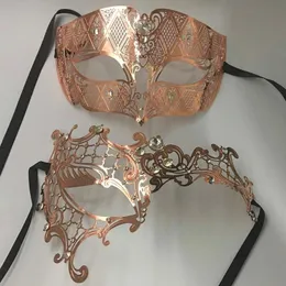 Maschere per feste Coppia in oro rosa Coppia Amante Donna Maschera da travestimento da uomo in metallo Ballo veneziano per ballo NATALE Matrimonio Mardi Gras PartyParty