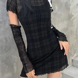 KLALIEN 2022 Spring Fashion Simple Plaid Patchwork Young Style Dress Women Casual Street Slim Office Lady Black Mini Dress 220317