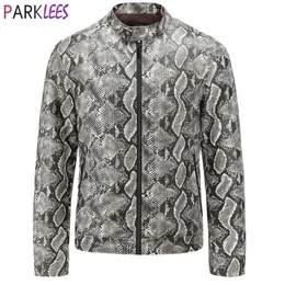 Sexy Snake Pattern PU Giacca in pelle da uomo Marca Stand Collar Motorcycle Biker Ecopelle Mens Giacche Cappotti Chaquetas Hombre 201127