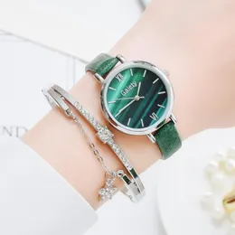 Armbanduhren Damen Armband Uhren Set GAIETY Marke Einfaches Design Grünes Zifferblatt Leder Damen Freizeitkleid Uhr QuarzuhrArmbanduhren