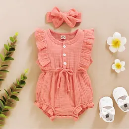 Kleidungssets Baby Mädchen Kleidung Kinder ärmellose Rüschen Knopf Strampler Overall Stirnband Set Säugling Kleinkind geboren Outfits