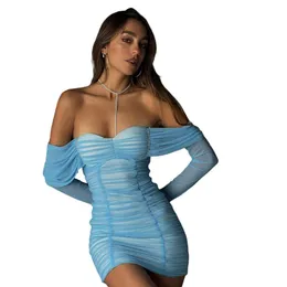 Casual Dresses Batwing Sleeve Bodycon Bandage Dress Mini Shirring Off Shoulder Backless Vestidos De Renda See Through Mesh Midi Diamond Bead