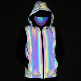 Men's Hoodies & Sweatshirts Colorful Reflective Hooded Vest Hip Hop Men Sleeveless Jacket Night Safety Reflect Light Cycling Take Walk Waist