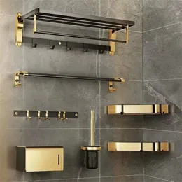 PunchFree Bathroom Accessories Black Gold Luxury Bathroom Shelf Space Aluminum Bathroom Organizer Toilet Holder Towel Holder 220527