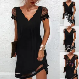 Женщины элегантные платья летние v шея кружева с коротким рукавом сексуально спечатано, женская черная вечеринка vestidos 226014