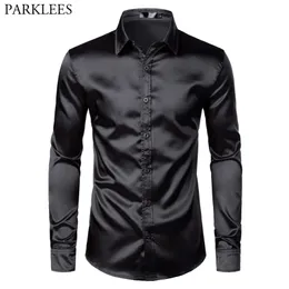 Mens Black Satin Luxury Dress Shirts Silk Smooth Men Tuxedo Shirt Slim Fit Wedding Party Prom Casual Shirt Chemise Homme 220726