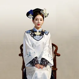 Women stage wear elegant cheongsam dress TV Play performance wear Qing Dynasty Princess Costume White Embroidery Theatrical Robe