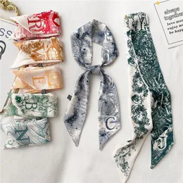 Letter Print Long Scarf For Women Narrow Ribbon Headband Female Neckerchief Handle Bag Band Bandana Hair Tie Accessories