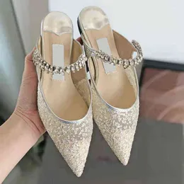 Sandaler J New Pointed Thin Heel High-Heeled Shoes paljett Mesh Rhinestone Flat Slippers With Wrapped Head J230525