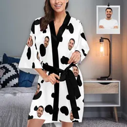 Benutzerdefinierte Gesicht Kuh Spot weiß Druck Damen kurze Kimono Robe personalisierte Geschenke weiblich Indoor Herbst weiche Pyjama Set Nachtwäsche 220621