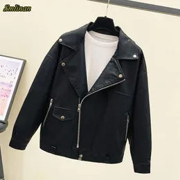 Women's Leather Smlinan Oversize Loose Outerwear Faux Pu Spring Jackets 2023 Zipper Moto Biker Large Size Short Coat Female &