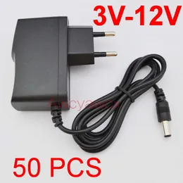 50sts AC -omkoppling av strömadapter DC 3V 4.5V 5V 6V 7.5V 8V 9V 10V 12V 0,5A 500MA 1A 1000MA LARARE SUPPLY EU Plug 5.5mm x 2,1 mm (50st 100 st)