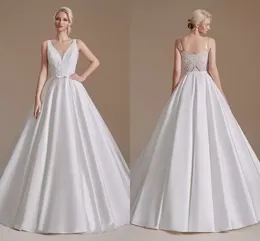 2022 A-Line Wedding Dress Deep V Neck Lace Appliques Vintgae Satin Beach Bridal Bowns CPS1991