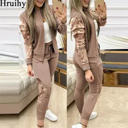 Kvinnors träningsdräkter Autumn Winter Two Piece Outfits For Women Fashion Sequin Picks Coat Tops Drawstring Pants Set Casual Tracksuit Sweat Suits 231011