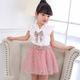 Baby Girl Clothing Conjunto do vlinder Summer Lace Floral Manga curta Camiseta branca Roupas de saia para 2 3 4 5 6 7 8 Ano 220507