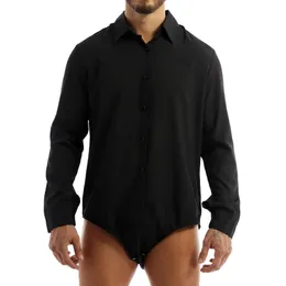 Men's G-strings Mens Office Casual Bodysuit de uma peça de colar de uma peça de mangas compridas Button Down Color Solid Topsmen's Topsmen's