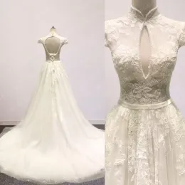 Applique 2022 vestidos de renda de casamento vestido de noiva alto pescoço uma linha sem costas fita frisada tule trem de varredura vestido de novia feito sob encomenda plus size