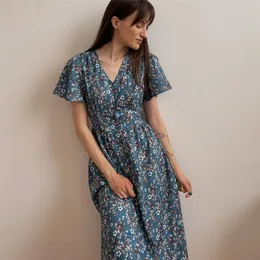 Summer Dres Flower Print V-hals Sexig kvinnlig vintage French Style Maxi Dresses Vestidos Elegantes Para Mujer 220509