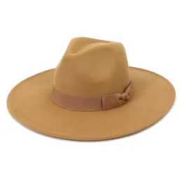9.5 cm Big Rim Jazz Fedora Hat Women unisex brzoskwiniowy czapka z bowknot elegancka damska impreza ślubna kapelusz sombreros de mujer