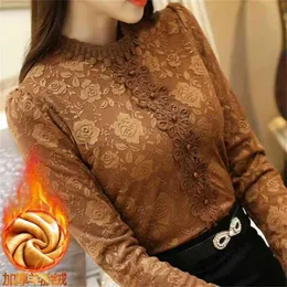Бархатная толще цветочная кружевная рубашка осень зимняя корейская вертикальная воротничка с длинными рукавами рубашка с кружевными блузками 884F60 210401