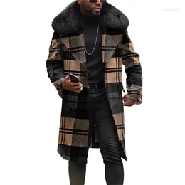 남성 양모 블렌드 큰 모피 칼라 격자 무늬 오버 코트 남성용 고급 트렌치 코트 체크 양모 긴 재킷 세련된 대형 스트리트웨어 Viol