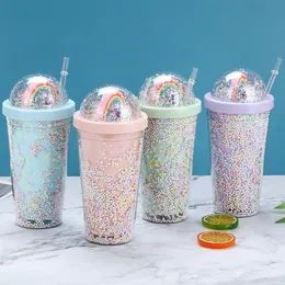Hot selling! 4 colors 16oz Ins Double Layer Plastic Rainbow Tumblers With Straw And Bubble doll Cute Working and Sport Campus