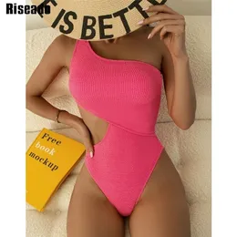 Riseado One Shoulder Women's Swimsuit Cut Out Sexy Swimwear Women Textured Monokini Solid Bathing Suit Beach Wear 220509