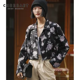 CHEERART Vintage Woman Cropped Jacket Autumn Zipper Up Short Jacket Fall Fashion Coats And Jackets Women 201029
