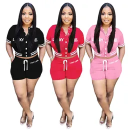 Lucky Label Summer Tracksuits Women Outfits Embroidery Letters Short Sleeve Jacket Shorts Two Piece Set Tracksuits Casual Jogging Suit 7205
