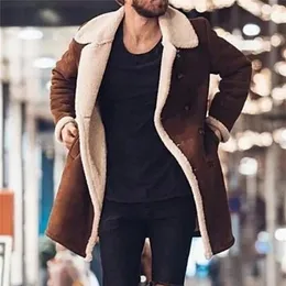 2020 Fashion Men Fur Fleece Blends Brown Color Trench Coat Overcoat Lapel Warm Fluffy Jacket Outerwear Male Boy Warm Jacket LJ201106