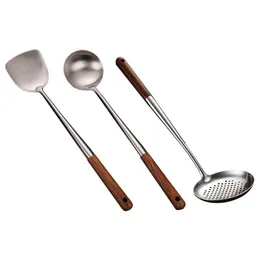 Dayanıklı Taşınabilir Paslanmaz Çelik Pişirme Mutfak Mutfak Mutfak Tenceresi Wok Spatula Kaşık Skimmer Ladle Seti Y220530