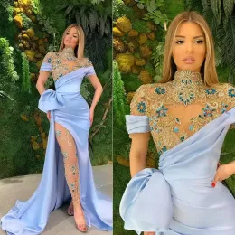 Luxury Crystal Evening Dress Illusion High Neck Kortärmad Prom Dresses Side Split Mermaid Celebrity Pageant Gown Robe de Soiree Asdfz