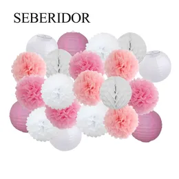 21 Pieces Pink Set Round Paper Lantern For Baby Girl Shower Decoration Baptism Party Decor Hanging Pompom Crafts Ornament 220527