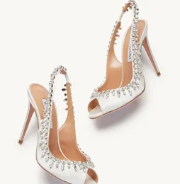 Popularne letnie pokusy sandały z kryształkami buty dla kobiet zdobione pcv Peep Toe Sexy Sling-back wysokie obcasy wesele ślubne