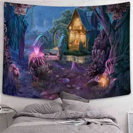 Tecknad fairytale skogsstuga tapestry bohemian sovsal