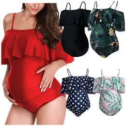 Fashion Maternity Swimwear Off Shoulder Large Ruffled One-piece Bikini Floral Leaves Wave Point Printed Swimsuit for Pregnant Swimwears Hold your Abdomen