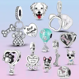 925 Sterling Silver Dangle Charm Dog Paw Charms najlepszy przyjaciel serce koraliki koralik Fit Pandora Charms bransoletka DIY biżuteria akcesoria