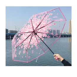 Fashion UV proof sun transparent umbrella Cherry Blossom three fold umbrella Semi automatic long handle umbrellas W0