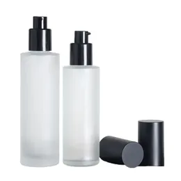 Packing Glass Frosted Bottle Black Collar Lotion Spary Press Pump Matte Black Lid Empty Portable Refillable Cosmetic Container 20ml 40ml 60ml 80ml 100ml 120ml