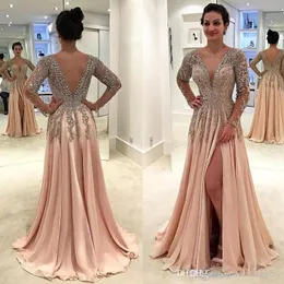 Sexy Long Split Prom Dresses Deep V Neck Beaded Stones Long Sleeves Dress Chiffon Backless Sweep Train Evening Party Gowns BA8951 0426