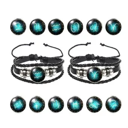 Neues 12 Sternbild Sternzeichen Schwarz geflochtenes Lederarmband Löwe Stier Zwilling Gewebte Glaskuppel Schmuck Herren Damen Armband GC1044