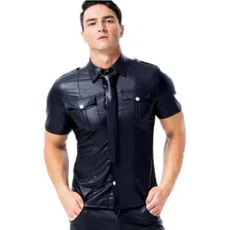 M￤ns casual skjortor herr faux l￤der t fitness toppar kort ￤rmknapp upp skjorta pu wetlook uniformer dance clubwear