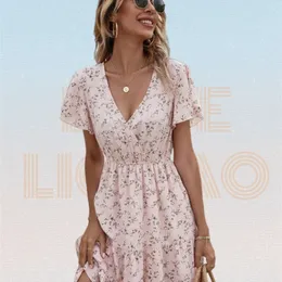 Allover Ditsy Floral Print Ruffle HemA-Line Dress Summer Women Pink Sleave Elastic Waist V-NeckMidi Dress Robe Femme 220511