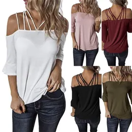 Europe America And Russia Summer New Purecolor Oneline Shoulder Horn Shortsleeved Streets Fashion Show Back Tshirt Women T200614