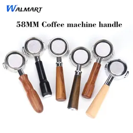 58Mm Stainless Steel Double Ear Coffee Machine Handle Bottomless Filter Portafilter Universal Wooden E61 Espresso Coffee Tools 210326