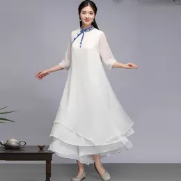 Kvinnor Etniska kläder Hanfu Qipao Summer Dress Chinese Style Vintage White Traditionell tang kostym Robe Oriental kläder